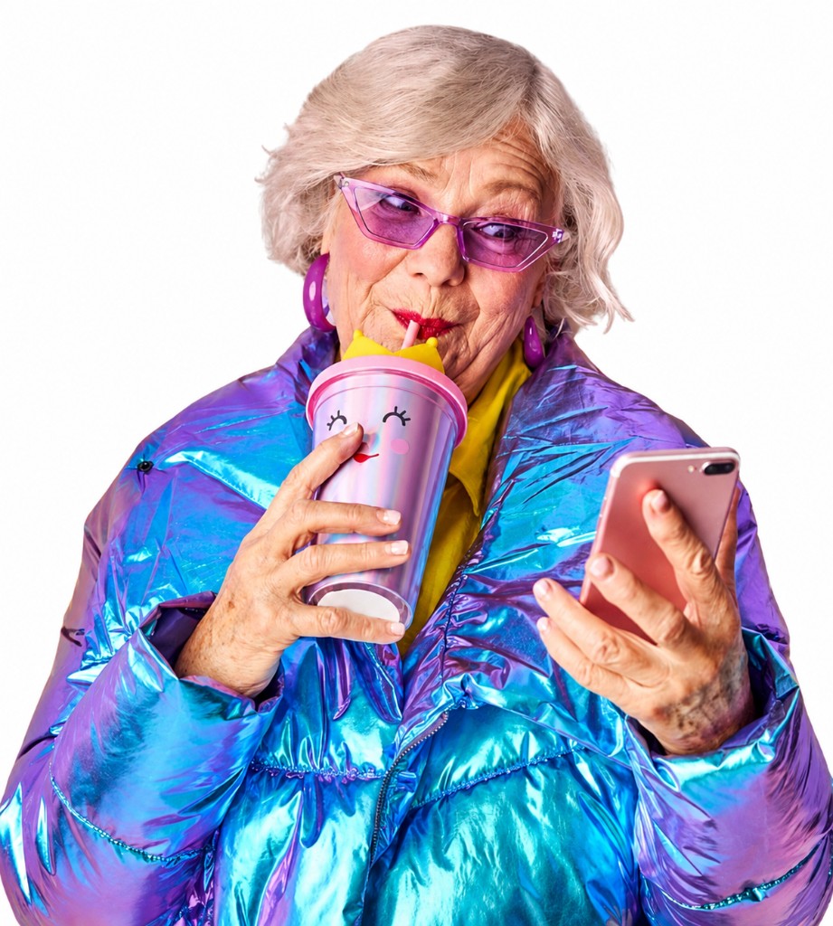 A fan in an iridescent jacket looking at her phone while sipping from a tumbler
